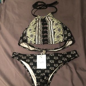 Cupshe Black, White, Green Patterned Bikini